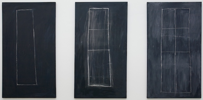 Cy Twombly, Problem I, II, III, 1966. Oil based house paint, wax crayon on canvas, 200 x 122 cm.