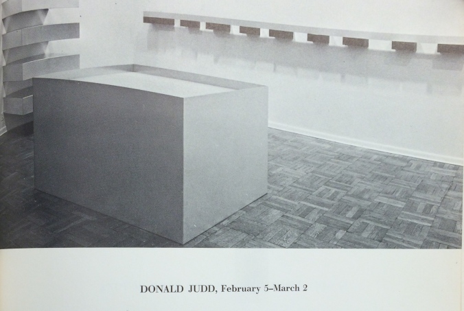 Installation photograph of "Donald Judd" at Leo Castelli Gallery, 1966.