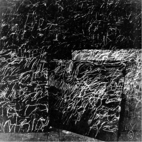 Cy Twombly’s canvases (including Panorama at back) in Robert Rauschenberg’s Fulton Street studio, ca. 1954.  Image courtesy Le temps retrouvé, Cy Twombly photographe & artistes associés, Collection Lambert (Avignon, été-automne 2011) via The Plumebook Café.